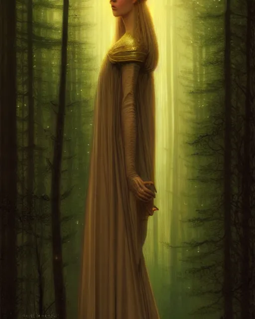 Image similar to nocturne, glowing, stars, a portrait of a beautiful medieval princess, tall and thin, highly detailed, mysterious, ethereal, glowing in the dark, haute couture, dark forest, illustration, painting, dramatic lighting, by edmund blair leighton, brom, charlie bowater, faces by otto schmidt