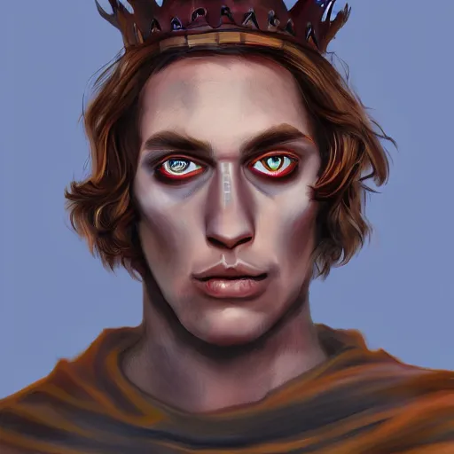 Prompt: demonic portrait of a handsome gorgeous satanic dirty brown haired hippie that looks like cody fern with a straw jawline with long hair past his chest and blue eyes as the human prince of satan and lucifer, wearing a demonic giger royal crown, artstation