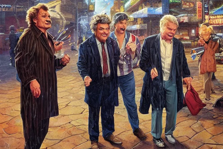 Prompt: portrait of rip taylor throwing confetti while peter falk as detective columbo im trenchcoat solves a case, an oil painting by ross tran and thomas kincade