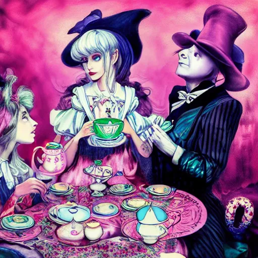 Prompt: 2 figures, Alice in Wonderland having a tea party with the Mad Hatter, in the style of Magic Realism, inspired by shoujo manga, harajuku street fashion, John Singer Sargent, Möbius, Neil Gaiman, yayoi kusama, Grimes, pastel goth, dramatic composition, ethereal, gradients and chromatic aberration effects, Victorian, moody, photorealistic 4k detail, Arnold render