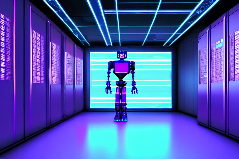 Prompt: full body robot picture, background is data server room, neon and dark, purple and blue color scheme, by dan mumford, global illumination ray tracing hdr render in unreal engine 5