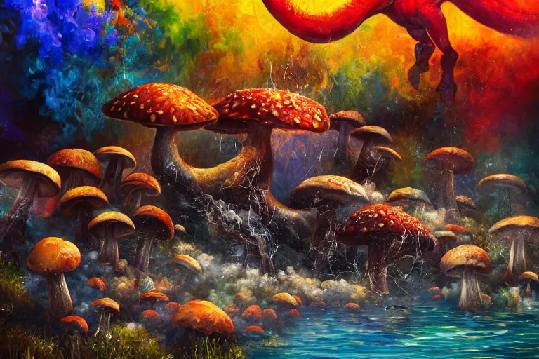 Image similar to highly detailed oil painting of a mushroom tyrannosaurus rex in a steaming colorful hotspring, featured on artstation