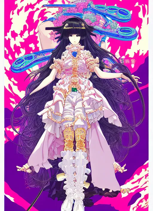 Prompt: highly detailed artstation vaporwave katsuhiro otomo fluorescent fantastic fate manga poster of princess mechine, minaba hideo,, long hair, armor, laces, ruffles, 8 k, maximalist, art nouveau,