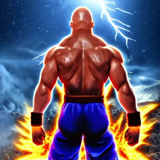 Image similar to photorealistic full shot of Dwayne Johnson as a warrior style goku super saiyan at moonlight, snowing, lightning bolt, high detail, unreal engine 4k volumetric light, fog,