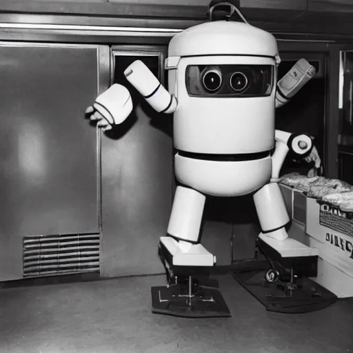 Image similar to Elephantlike robot taking a loaf of bread out of the oven, 1959, black and white photo, world's fair