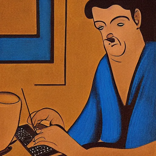 Prompt: greek vase painting of a man playing games on his computer with his backed hunched, 4 k, award winning photograph, highly detailed