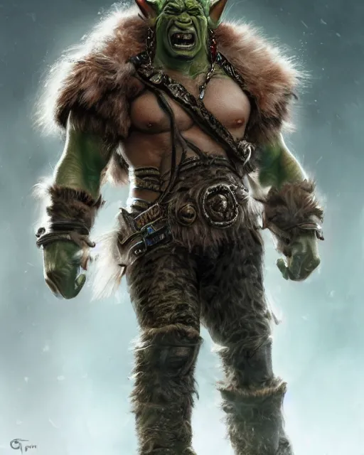 Image similar to A full body shot of a handsome orc looking into the camera wearing a leather fur jacket and boots, full body shot, detailed face, artstation, realistic, highly detailed, symmetrical, hyper realistic, dynamic pose, high detail, octane render, unreal engine, 8k, fantasy art, highly detailed, concept art, art by greg rutkowski