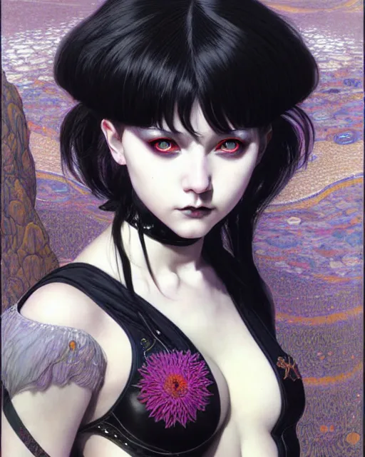 Image similar to portrait of beautiful cute young goth maiden girl with short white hairs in warhammer bikini armor, art by ( ( ( kuvshinov ilya ) ) ) and wayne barlowe and gustav klimt and artgerm and wlop