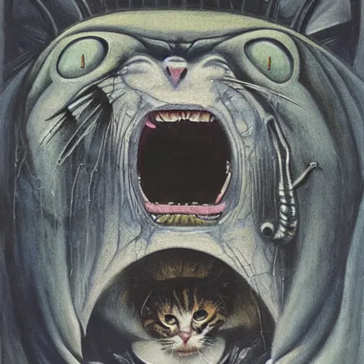 Image similar to painting by h. r. giger, cat going absolutely insane, freaking out, cat subject, psychopathic tendencies