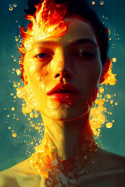 Prompt: fashion model, flame, liquid water, morning, sun rays, vogue cover style, poster art, high detail, intricate oil painting, multiple exposure, hell mood, hyperrealism, by tooth wu and wlop and beeple and greg rutkowski