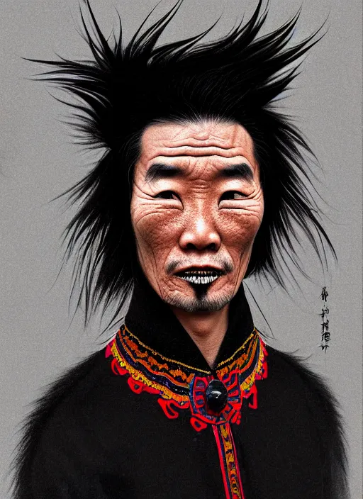 Image similar to portrait of a mongolian man with a crooked nose and a confident expression, 1 9 6 0 s, black clothes, goth, punk, brightly coloured hair, funk, intricate, elegant, highly detailed, digital painting, artstation, concept art, smooth, sharp focus, illustration, art by wlop, mars ravelo and greg rutkowski