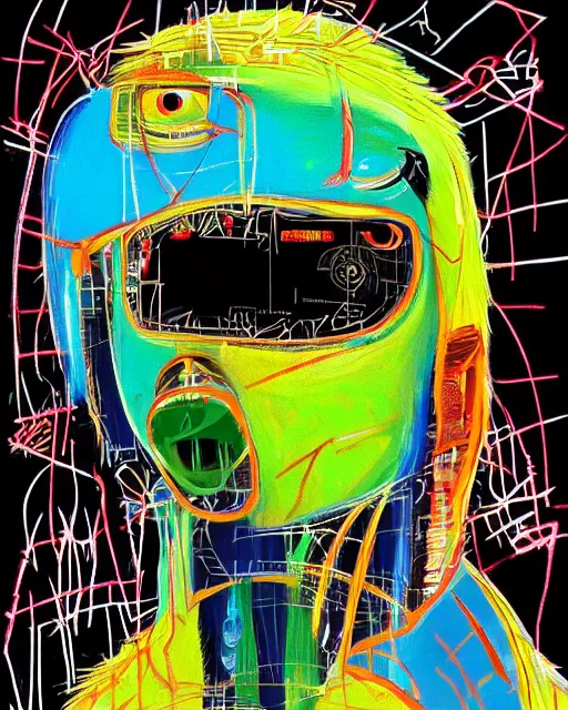 Prompt: a cyberpunk portrait of a parrot by jean - michel basquiat, by hayao miyazaki by artgerm, highly detailed, sacred geometry, mathematics, snake, geometry, cyberpunk, vibrant, water