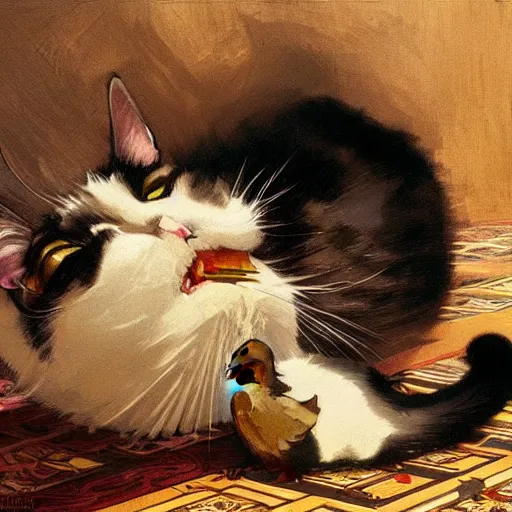 Prompt: cat eating a duck head, highly detailed, digital painting, artstation, concept art, sharp focus, illustration, art by greg rutkowski and alphonse mucha