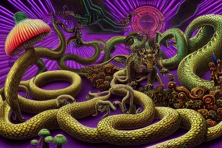 Image similar to a detailed digital art painting of a cyberpunk magick oni dragon with occult futuristic effigy of a beautiful field of mushrooms that is a adorable leopard atomic latent snakes in between ferret biomorphic molecular hallucinations in the style of escher, alex grey, stephen gammell inspired by realism, symbolism, magical realism and dark fantasy, crisp,