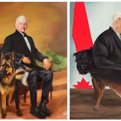 Prompt: an oil painting of a 6 4 years old man as the king of canada, and a german shepherd sitting on his legs