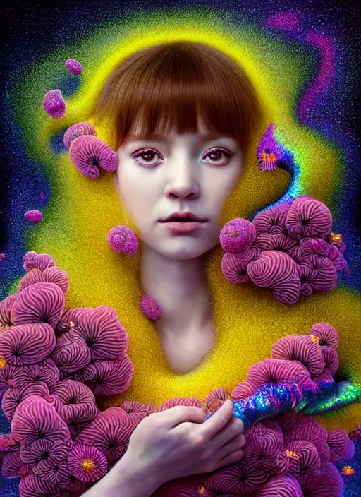 Image similar to hyper detailed 3d render like a Oil painting - kawaii portrait Aurora (brown haired Singer Weasle) seen Eating of the Strangling network of yellowcake aerochrome and milky Fruit and Her delicate Hands hold of gossamer polyp blossoms bring iridescent fungal flowers whose spores black the foolish stars by Jacek Yerka, Mariusz Lewandowski, Houdini algorithmic generative render, Abstract brush strokes, Masterpiece, Edward Hopper and James Gilleard, Zdzislaw Beksinski, Mark Ryden, Wolfgang Lettl, hints of Yayoi Kasuma, octane render, 8k