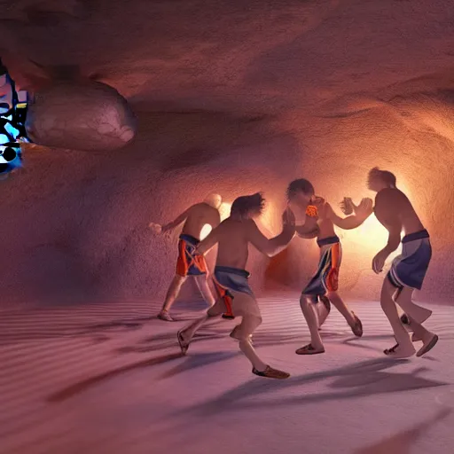 Image similar to high resolution unreal engine render of cavemen playing basketball inside cave at night, cave lit by torch light, stalagmites