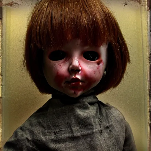 Image similar to this creepy doll has killed before and will kill again, horror, artstation, grainy, vhs, slightly out of focus, Dutch angle, gory