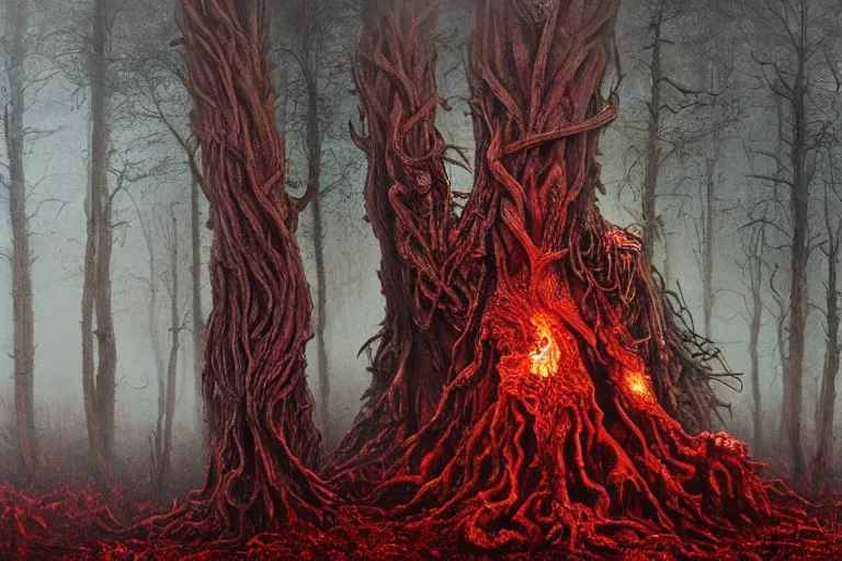 Image similar to Haunting horrifying hyperrealistic detailed painting of a huge tall ent creature sitting atop a mountain of flames in a foggy hellscape with spread out pools of crimson red gelatinous liquid and goop, eyeballs bulging, sparks of fire flying, dystopian feel, heavy metal, disgusting, creepy, unsettling, in the style of Michael Whelan and Zdzisław Beksiński, lovecraftian, hyper detailed, trending on Artstation