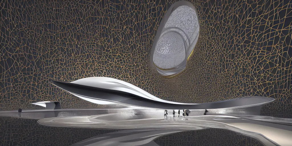 Image similar to mosque floating spaceship by zaha hadid, golds fantasy world