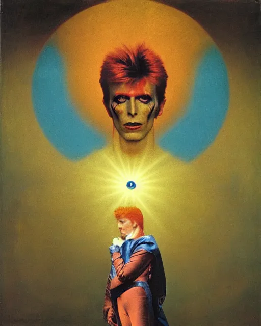 Prompt: david bowie as a ziggy stardust levitating and surrounded by transcendental light by jean auguste dominique ingres, luminous orbs, labyrinthine, sacred, mystical