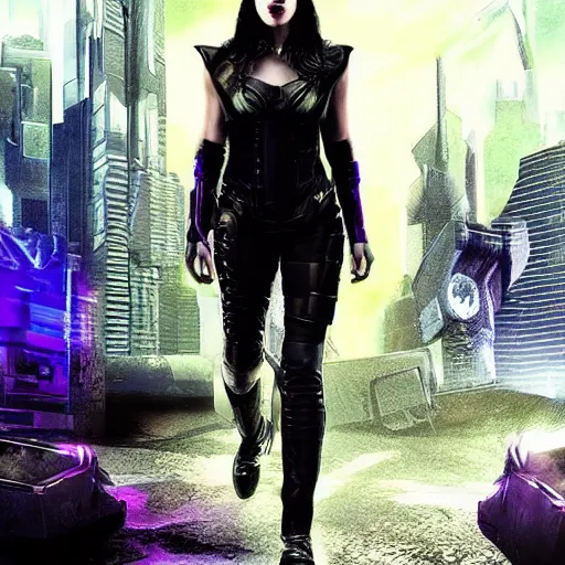Image similar to Katie McGrath as Cyberpunk Morgana