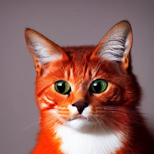 Prompt: A beautiful award winning picture of a cute red cat in front of a dark background. The cat has a small peacock tail and some feathers on the back. Highly detailed, stunning, 8k, professional shot
