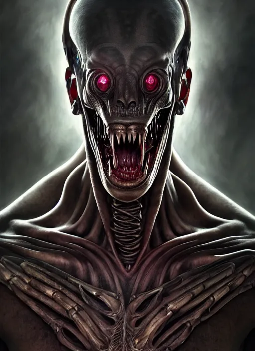 Image similar to ultra realistic, male human predator alien hybrid, fangs, goth, tattoos, leather, fantasy, flesh, bone, body horror, intricate details, eerie, highly detailed, octane render, 8 k, art by artgerm and alphonse mucha and greg rutkowski