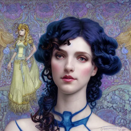 Image similar to Masterpiece head and shoulders portrait of Gwen from League of Legends of Arcane animated Series as with blue long and very curly pigteils and arcane maid outfit drawn by Donato Giancola and Tom Bagshaw, Edmund Leighton, Alphonse Mucha, background by James Jean and Gustav Klimt, 4k, porcelain skin, volumetric lighting, komorebi, french nouveau, trending on artstation, octane render, hyperrealistic