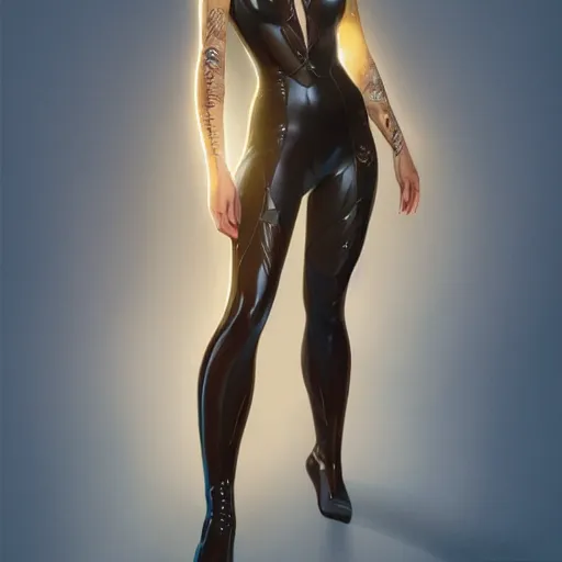 Image similar to full body portrait of addison rae wearing a skintight suit, large thighs, intricate, elegant, highly detailed, digital painting, artstation, smooth, sharp focus, illustration, art by artgerm and greg rutkowski and alphonse mucha, 8 k