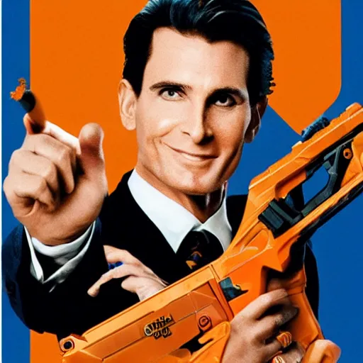 Image similar to Patrick Bateman holding a nerf blaster, movie poster