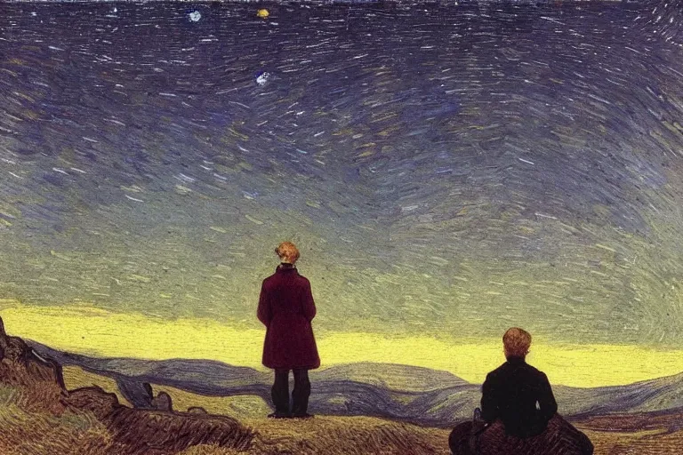 Image similar to a person looking at the night sky with stars, colorful, beautiful, national geographic, very detailed, astrophotography, oil painting, canvas, Theodor Kittelsen, Vincent van Gogh, Caspar David Friedrich