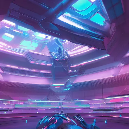 Prompt: hyperrealistic futuristic convention hall with various alien species, very detailed, technology, cyberpunk, dark blue and pink volumetric light, cgsociety, in the style of artgerm and artstation