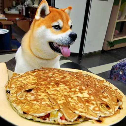 Image similar to a photo of a shiba inu made out of okonomiyaki