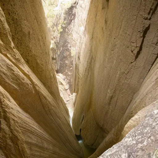 Prompt: vast interior chamber of a large, natural gorge, sunlight visible from above