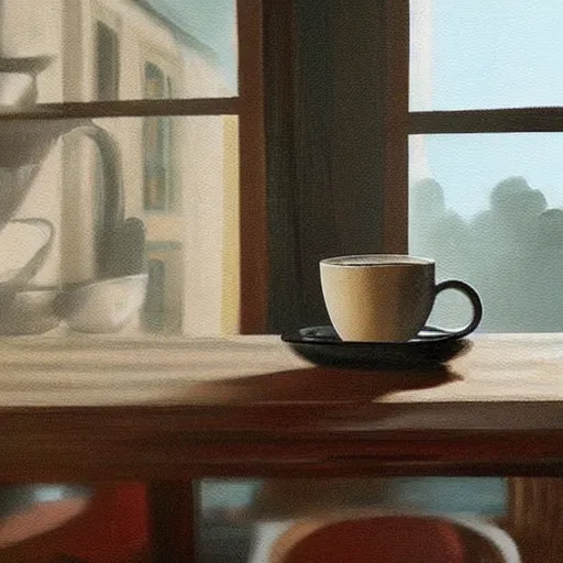 Prompt: “ photorealistic painting of a breakfast table with a steaming cup of coffee and a newspaper. the window behind it shows a colorful neighborhood with sun shining in the window ”