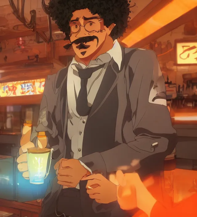 Image similar to close - up anime still of ( ( charming!!!!! latino middle - aged anime protagonist with curly afro and moustache!!! tilting his head charmingly ) late night in an anime bar, cozy lights, detailed orange atmosphere. cinematic rim lighting, global illumination, trending on artstation, hypdertailed, perfect shading, dreamy, masterpiece