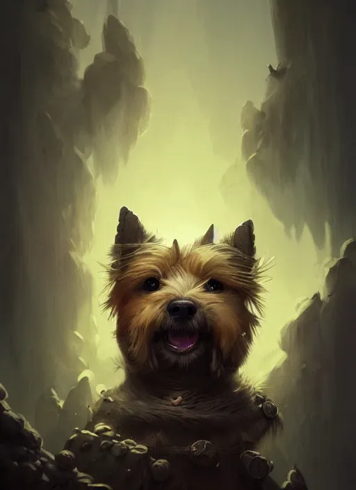 Prompt: norwich terrier as an viking, backround dark, highly detailed, digital illustration, trending in artstation, modern painting, smooth, sharp focus, intricate, by peter mohrbacher