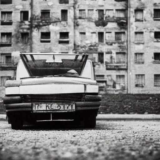 Image similar to low angle shot of russian car in soviet yard with block of flats, low grain film,polaroid, masterpiece, blur, mid day in style of william egglestone