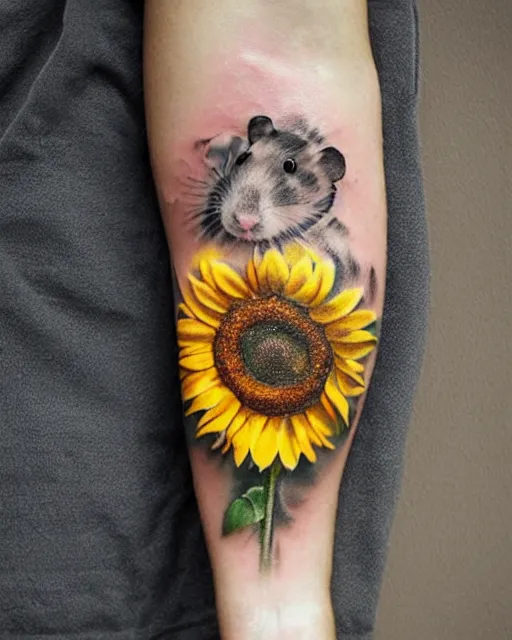 Image similar to creative double exposure effect tattoo design sketch of a hamster with a sunflower, realism tattoo, in the style of matteo pasqualin, amazing detail, sharp
