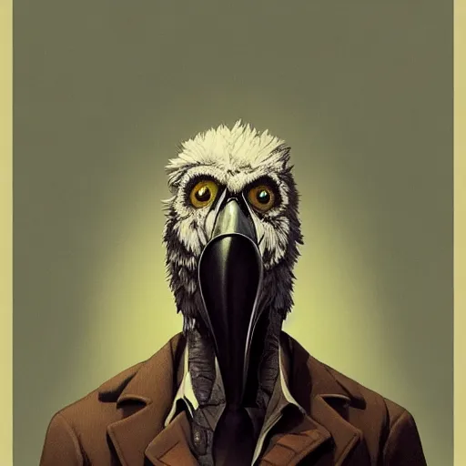 Prompt: ripped physique Man Beak portrat Sherlock Samuel Beckett Beak Detective Anthropomorphic furry fashion vogue Vulture man wearing a Buzzard costume wearing a hobo costume gerald brom bastien grivet greg rutkowski norman rockwell portrait face head beak eyes