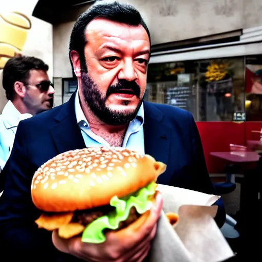 Image similar to Matteo Salvini eating a burger at McDonald’s, photograph, paparazzi