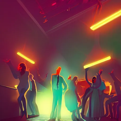Prompt: young people in a fancy vintage nightclub dancing and drinking, partylights, great colors, byalex andreev, trending on artstation