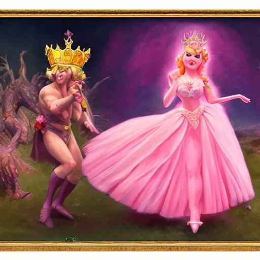 Image similar to An ultra realistic portrait painting of Princess Peach wearing his pink dress and golden tiara in the style of Frank Frazetta, 4k, Ultrarealistic, Highly Detailed, Dark Fantasy, Epic Lighting