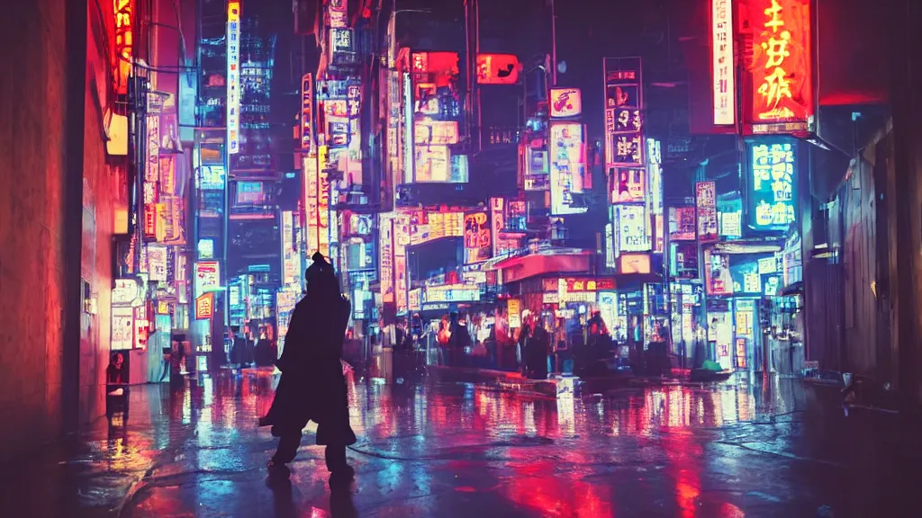 Prompt: a samurai in the middle of a futuristic cyberpunk city, wet floors with neon signs, night