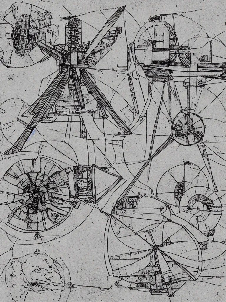 Prompt: Illustrated mechanical diagram of a Apollo Moon Lander on paper by Leonardo da Vinci, hyper realistic, high details, infographic, marginalia