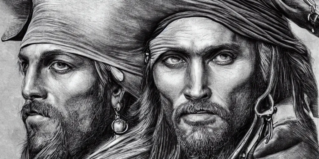 Prompt: realistic portrait of a handsome pirate, 1450, ink, ultra realistic, 8k