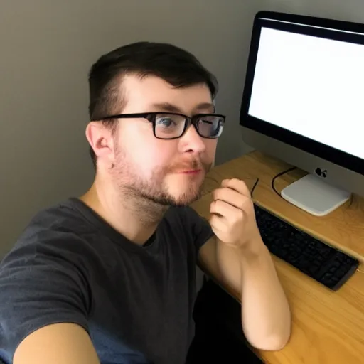 Prompt: photo of nerd on his computer, getting trolled online visualized
