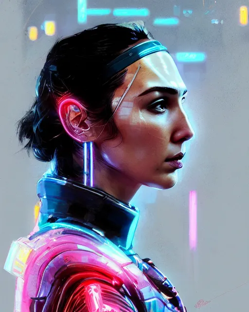 Prompt: detailed side profile portrait Gal Gadot, cyberpunk futuristic neon, reflective puffy coat, decorated with traditional Japanese ornaments by Ismail inceoglu dragan bibin hans thoma greg rutkowski Alexandros Pyromallis Nekro Rene Maritte Illustrated, Perfect face, fine details, realistic shaded, fine-face, pretty face