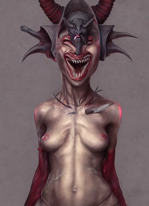 Prompt: a detailed full body portrait an athletic female tiefling smiling at the camera, rule of thirds, beautiful face, queen of blades, diablo 4 lilith, mutation, by tom bagshaw, by dorian cleavenger, zdzisław beksinski, bastien lecouffe - deharme trending on artstation